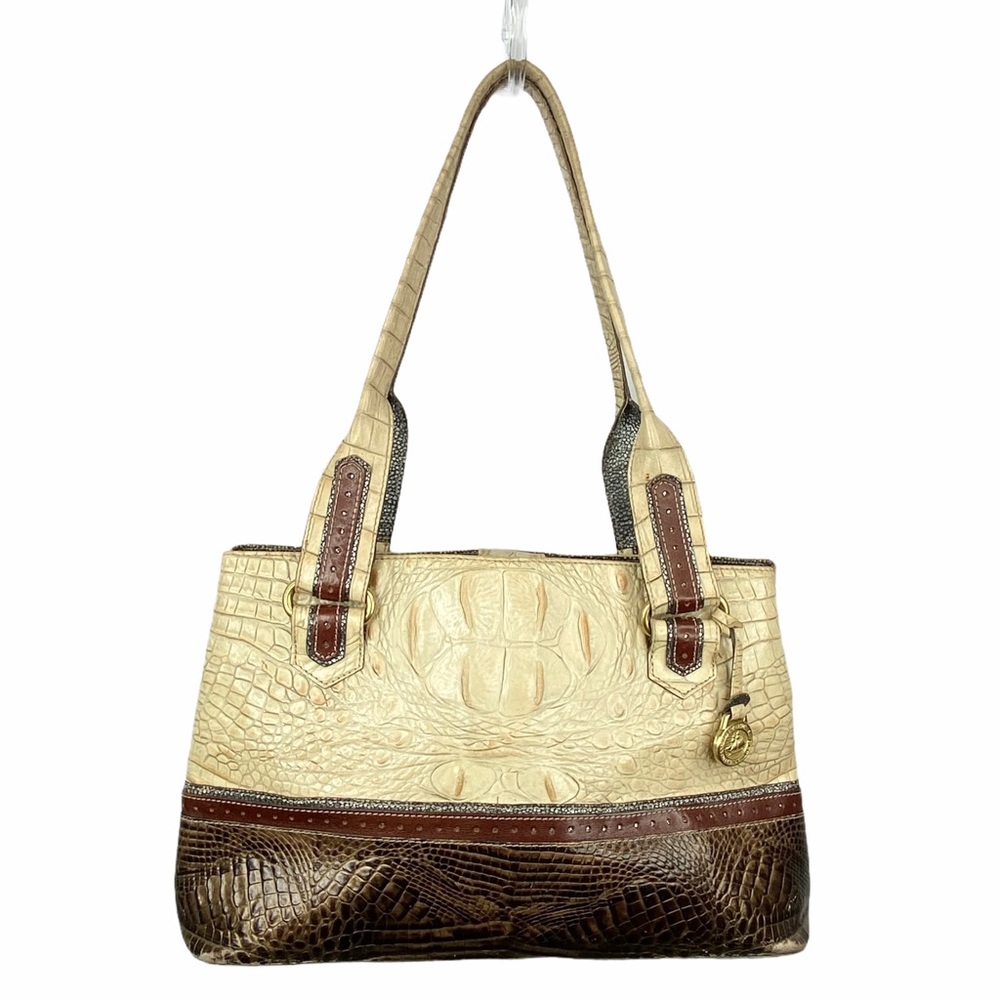 Brahmin Cream Brown Croc Embossed Leather Bag